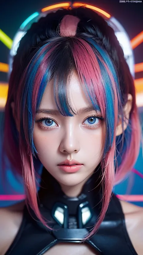 (masterpiece, highest quality, highest quality, Official Art, beautifully, aesthetic:1.2), Portrait Photography, (Cyberpunk beautiful girl 1 person), Big iridescent eyes, Beautiful skin, (Pink and blue long hair with bangs), Very detailed, (Neon colored fr...