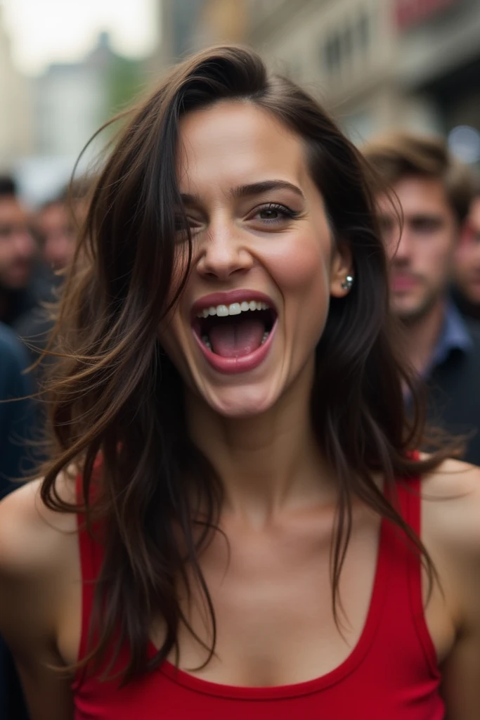 Scarlett Johansson, appears to have her mouth wide open. Her facial position shows an expression that looks spontaneous or candid. Her hair falls in front of her face, and she is wearing a red tank top. The background is blurry with other people behind her...