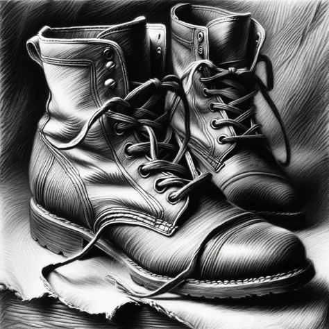 Super detailed, top quality, one pair of old boots charcoal croquis, a texture that is poetic if you think about the history of shoes, a masterpiece reminiscent of the genius painter Rubens, an award-winning work