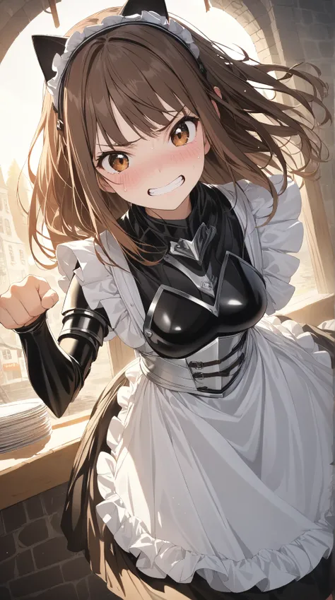 1 girl, (cute face), 18 years old, to many hairstyle, brown hair, (Upset:1.2), sad,grin, blush, medium breasts, wearing fantasy game style knight Armor, (wears a maid frilly apron over her armor:1.2), cat ear hair band, (knee length), paw pose, for glossy ...