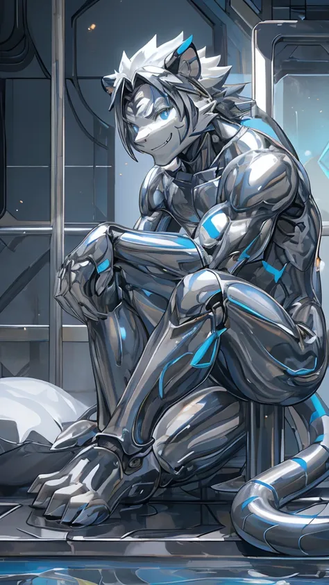 male, Synthesizer (Viddesan ), , , Android, Kogen Tower ( soft pillow quote )   white tiger,( Blue Stripes ， white tiger印花），（Tiger Tail）  Machine Tool Kogen Tower ( soft pillow quote ), network Hive. Full Body Mechanical Bodysuit  . full-body photo . Liqui...