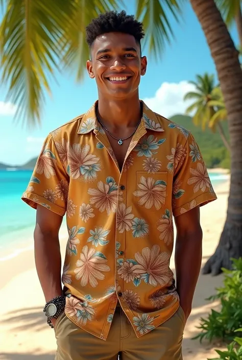 Create an image of a young man from American Samoa, featuring Polynesian facial features, with a warm and confident expression. He is dressed in casual attire, including a short-sleeve floral aloha shirt in earthy tones, paired with khaki shorts. The backg...