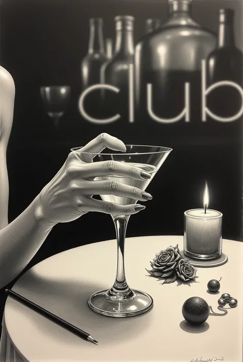 Make a drawing of a womans hand touching her martini glass on the table and draw some other unique objects on the table and also the womans point of view should be th background of the table which is the club or bar shes at
 Do a more unique on and only th...