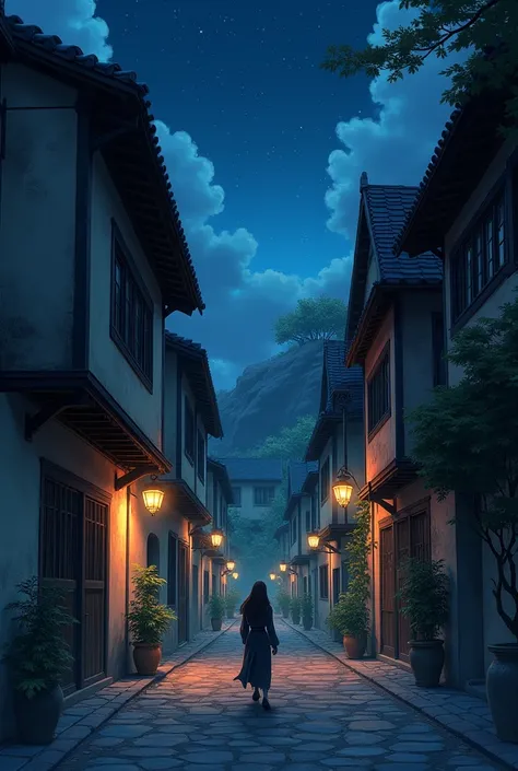 Medieval city street, night, quiet, calm and lonely. With anime style