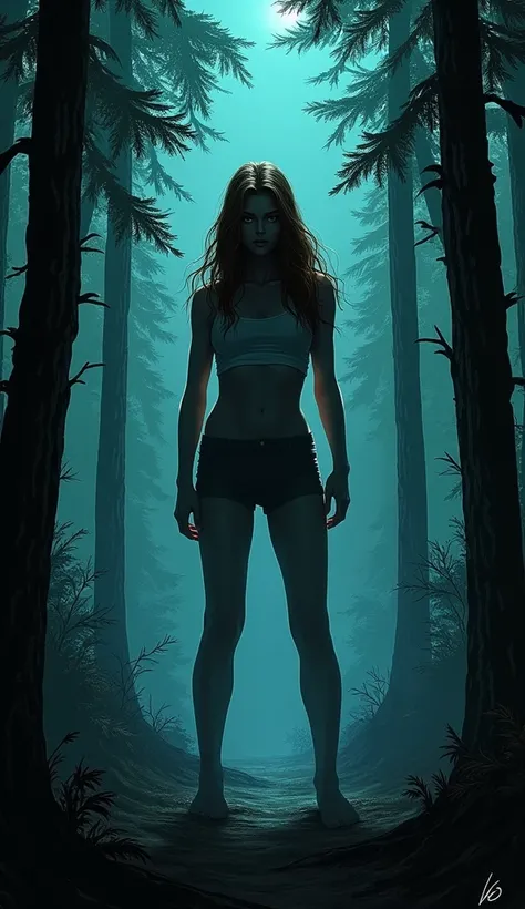 comic book illustration, A dark and ominous background with a faint image of Laken Riley a 22-year-old white female, long brown hair, green eyes, athletic build.
•  Background: Dark and ominous, with a hint of a forest or woods. afternoon, murder mystery a...