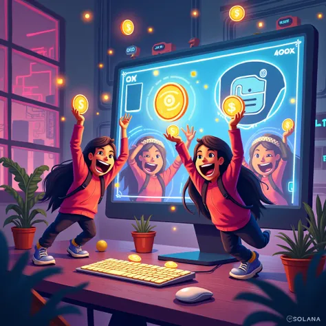 A vibrant pixel-art image showing a glowing computer screen with a futuristic browser extension icon, a Solana wallet surrounded by sparkling effects, and a group of cheerful pixel characters holding shiny tokens and celebrating. The background features a ...