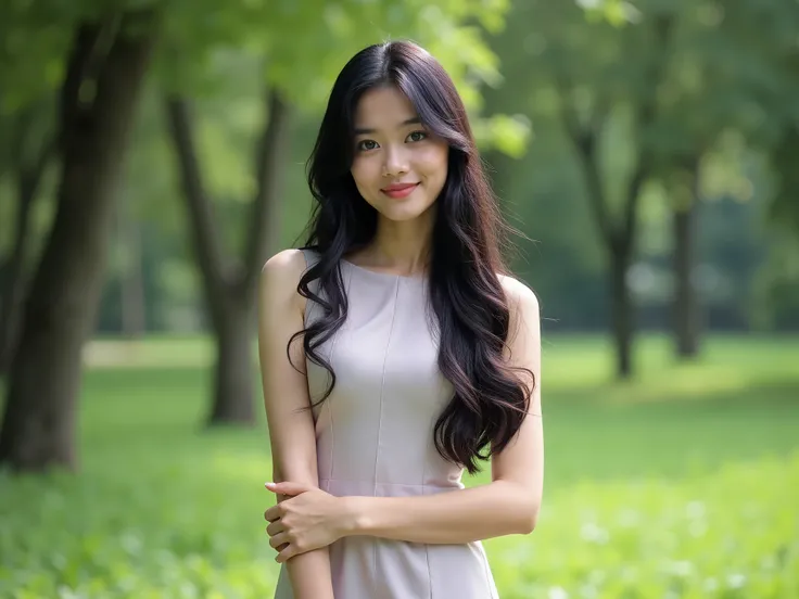 Young Thai woman, long black hair, about 18 years old, Thai dress, beautiful Thai style. Stand and look at the camera. The background is green trees. Standing on the grass, beautiful images, high details, realistic images, smooth skin, UHD, 64K