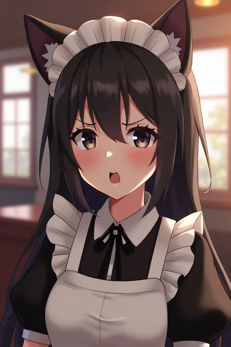 1girl, Nahida (genshin impact), maid, maid headdress, maid apron, embarrassed, open mouth, blush, light frown, looking at viewer, x-shaped pupils, black eyes, cowboy shot, bar (place), indoors, depth of field Cat ears