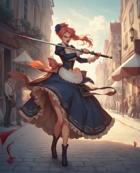 На фоне город стимпанк. A full-length portrait, angry evil woman in a Victorian-era dress standing on the street of a steampunk city with a saber in her hand, blood runs down the saber