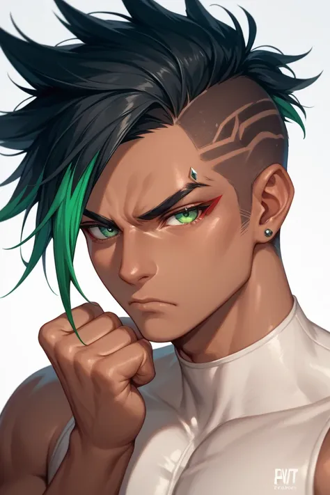 Solo, 1 Adult man, Masculine, strong, tanned skin, black hair, emerald highlights, emerald eyes, sexy face, serious eyes clenched fists, serious, closed mouth, punk style, HD, Perfect hands, evil appearence. showing power. 