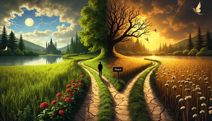 Create an ultra-realistic scene depicting a fork in the road with two contrasting paths: one representing peace and the other chaos. In the center, a human figure stands with their back to the viewer, facing the decision.

Right Side (Peace):

A golden pat...