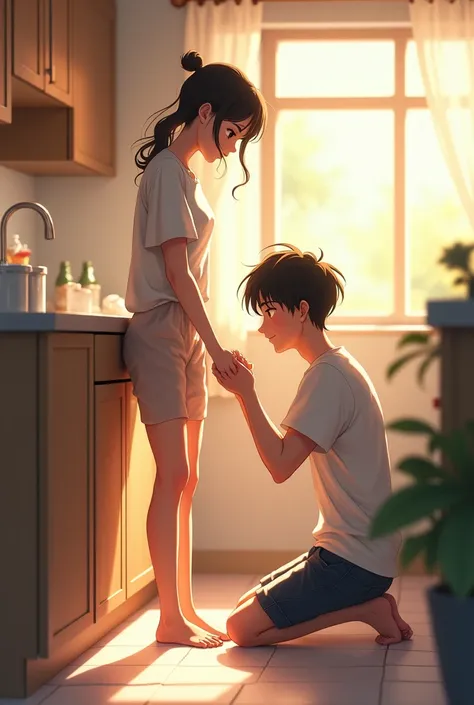 Anime women (19-21 years old) washes the dishes and a guy Behind her On his knees hugs her feet Near the knees