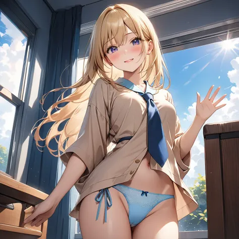 anime、One high school girl, embarrassed face 、blush、(Blonde:1.3)、long straight hair、Small breasts,(beige mini kimono:1.5), Black Normal Necktie 、(light blue side tie panties:1.5),beautiful thighs,stand、(Waving hello:1.5)、 blue sky seen from classroom windo...