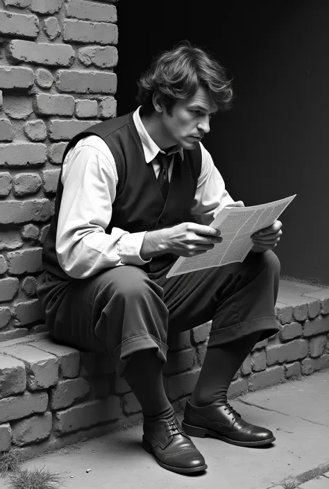 a black and white image of a common worker Irishman of the 1700s sitting while leaning on a brick wall, on the ground staring at a piece of paper in his hands with a slightly terrified look. The image should be a sideway photo of him reading the paper, in ...