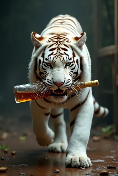 A cool white tiger is drunk and carrying a bottle of alcohol