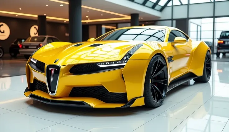 Center Front view of painted yellow with shiny clour 2025 Pontiac gt sleek in large shape sedan in large size with Pontiac logo on its large detailed grille in shiny white clour with angular sporty design captured from front  view with modified sleek backl...