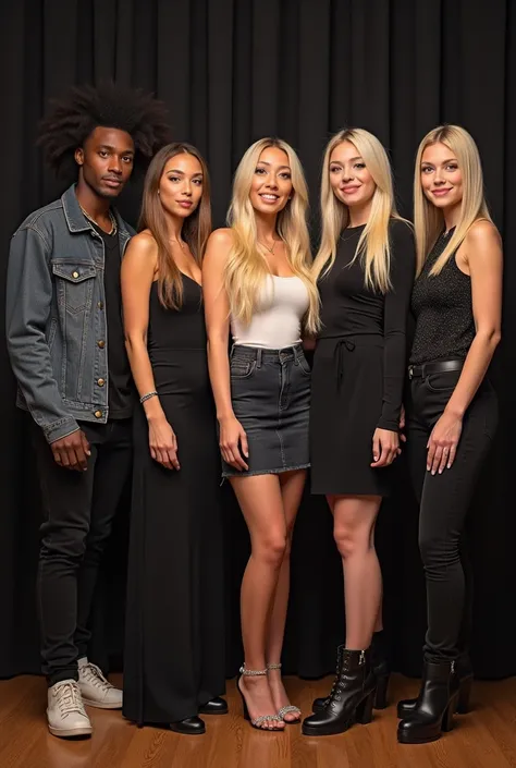  Create an image of 5 people . 2 brown-skinned men .  and 3 gospel white-skinned blonde women . with straight hair. posing on a stage for the bands cover photo.  realistic 