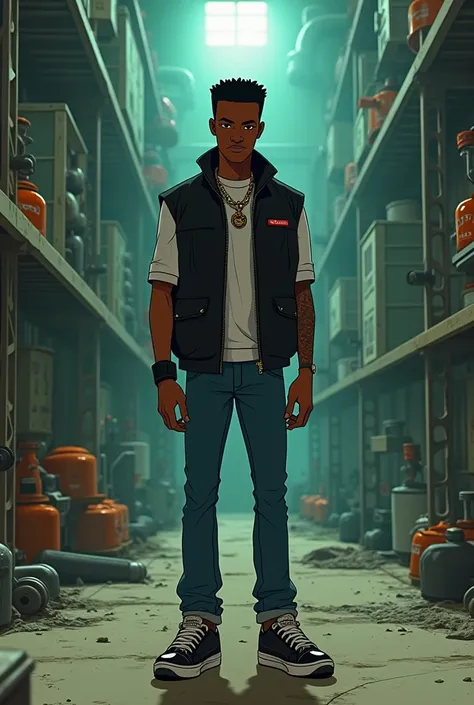 Je voudrai que tu fasse Riley Freeman personnage de the boondocks habillé avec une veste prada noir , un jean et une paire de prada cup  dans une usine a cannabis 
Améliore au maximum 