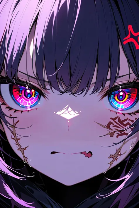 1,.Close-up of a beautiful girl’s face,skin fang,facial tattoo,nervous sweating,anger vein,scar across eye,spoken heart,expressionless,cold and frightening,embodying darkness,((multicolored eyes)),high detail,cinematic lighting