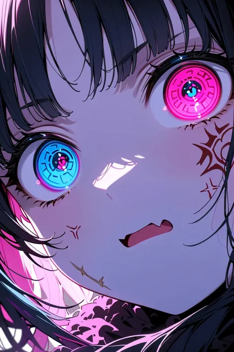 1,.Close-up of a beautiful girl’s face,skin fang,facial tattoo,nervous sweating,anger vein,scar across eye,spoken heart,expressionless,cold and frightening,embodying darkness,((multicolored eyes)),high detail,cinematic lighting