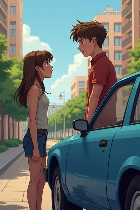 Una niña  with brown hair  ligeramente largo y ojos marrones,  of average height standing next to a blue car , with a slightly taller boy , with brown hair ,  and a little disorganized leaning on the car saying something to the girl and the background, a u...