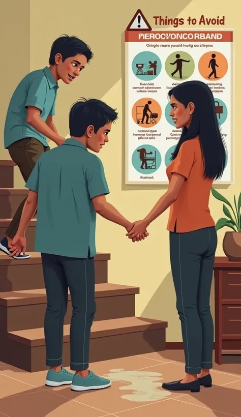 A cautionary scene featuring a indonesian person with cerebellar atrophy attempting risky activities like climbing uneven stairs or walking on a wet floor. A concerned family member stops them gently, while a warning infographic titled “Things to Avoid” is...