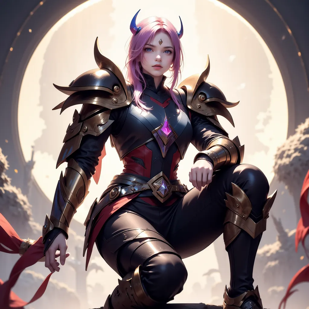 full-body unique female rpg character in a rpg game character selection scene, great design, dynamic pose, perfect proportions, epic heavy armored assymetric outfit uncommon design, full body, sitting pose, random hair color and skin tone