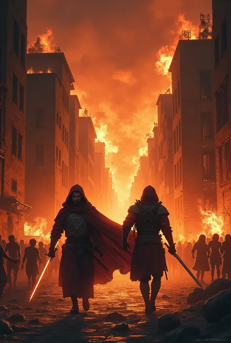 A vivid and intense night scene depicting the siege of an ancient city. Flames erupt from buildings, illuminating the dark sky with a chaotic orange glow. Simeão and Levi lead the attack, their swords flashing in the firelight as they move swiftly through ...