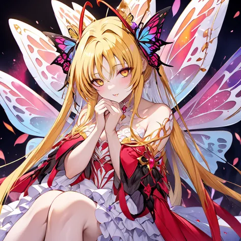 The woman from The Ugly Butterfly Devil who becomes the wife of the Demon King of Butterflies and loves each other by hugging and kissing the devils wedding is a blonde Fate Testarossa, wears a bright butterfly devil dress, becomes a butterfly with her han...