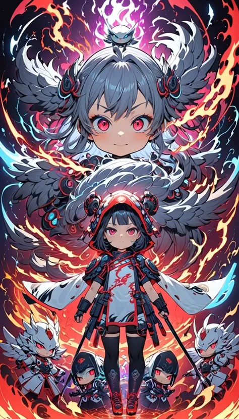 A deformed character with a Pegasus Night Girl as a motif 、 Japanese anime style like a small character 、1 person、Temple of Storms 、night、 combat ready pose 、 surrounded by full-body shots of neon red lightning and neon silver flames, amazing