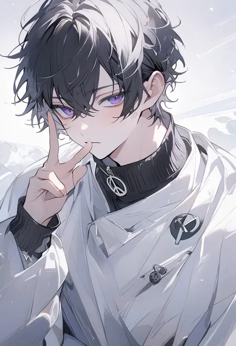 Alone, 1 male, black hair, purple Eyes,Short Hair, Long Sleeve ,sleepy Face, peace sign, Christmas