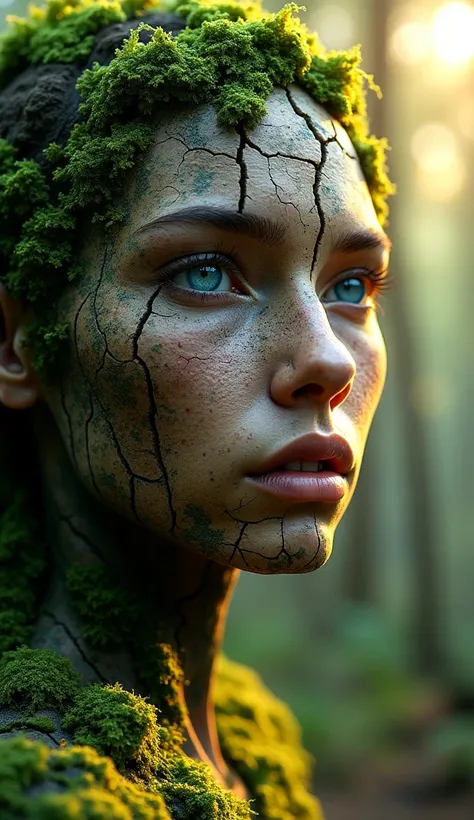 Create a hyper-realistic portrait of a human figure with a rugged, earthy aesthetic. The character’s face features cracked skin resembling dried mud, with patches of vibrant green moss growing on the surface. The eyes reflect deep blue oceans, while subtle...