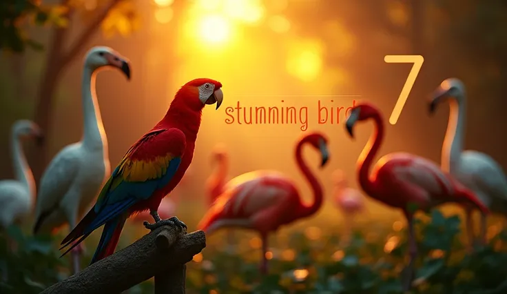 Visual Theme: A serene sunrise over a forest with a flock of exotic birds (e.g., parrots, flamingos, and swans) flying and perched on branches. Highlight one bird in sharp focus with a soft blur effect on the others for depth.
Text Overlay: Bold, orange te...