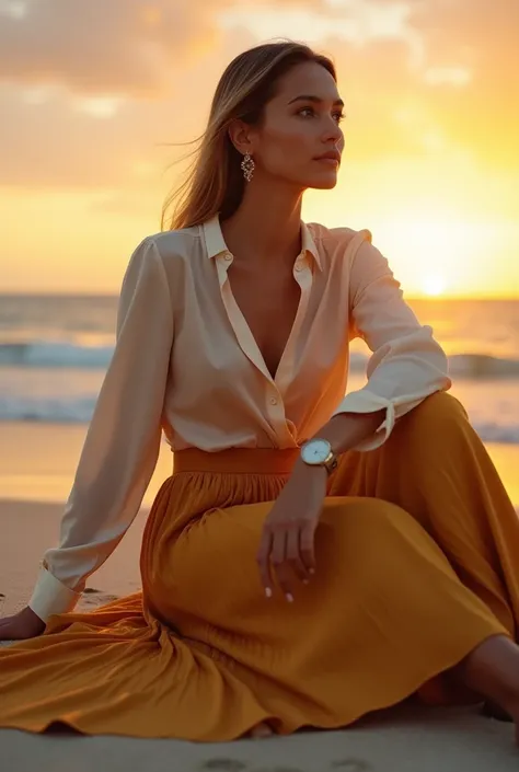 A Brazilian woman sitting on the sand of a beach during sunset, dressed in a sophisticated social ensemble composed of a high-neck silk blouse and a long golden-hued skirt. Her gaze is directed toward the horizon, conveying introspection and serenity. The ...