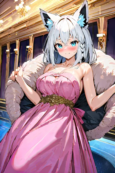 NSFW,masterpiece, best quality, high definition , Very detailed, Shirakami Fubuki( hololive ),Fox Ears, evening dress, tight skirt on the express train,Chest cut-in,Luxurious mansion,bar, chandeliers ,blush