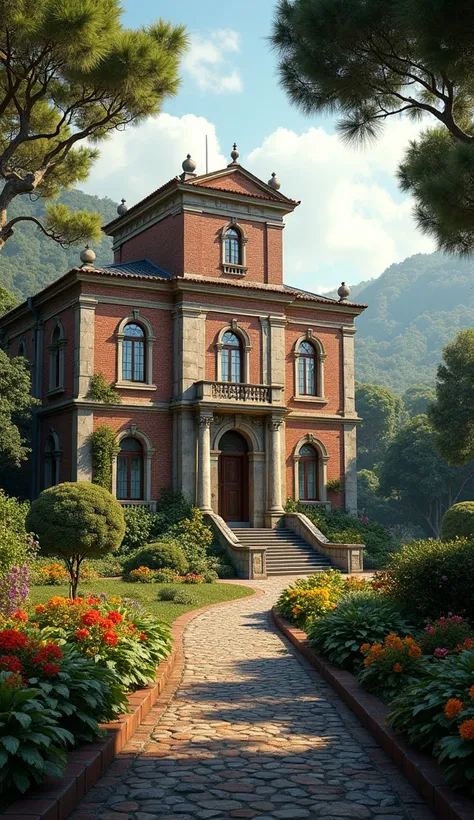 A nostalgic Madeira school building surrounded by lush greenery and flowers, with soft lighting and dramatic shadows. hyper realistic picture