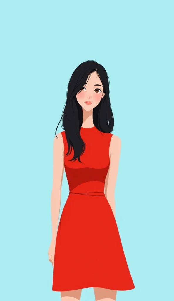 simple drawing ,light  blue Background , one girl is long black hair brown eyes ,5 feet 4 inches tall , 28 to 30 year old , 1girl, Solo, red dress she looking a few to the left 