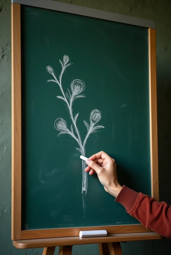 , the dark green board , contains a picture drawn in white chalk about the study.,on the side of the board