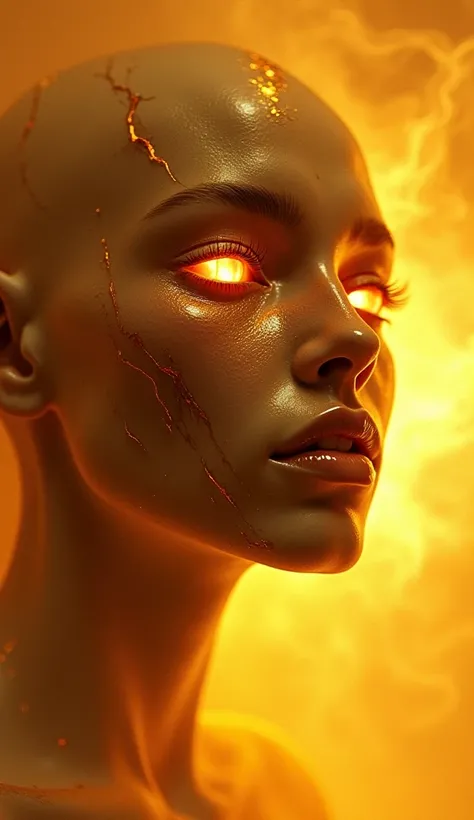 Generate a hyper-realistic portrait of a Venus-inspired humanoid being. The face is shrouded in a misty golden glow, with skin appearing smooth but marbled with veins of molten gold and dark ashen streaks, representing the planets extreme volcanic activity...