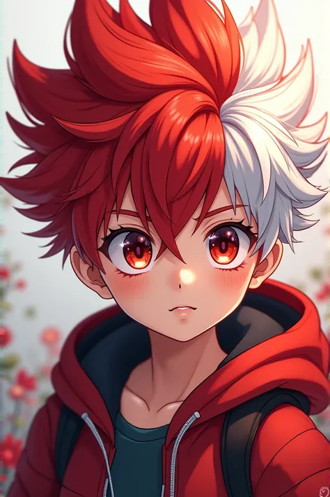 Anime character, boy, red and white hair 