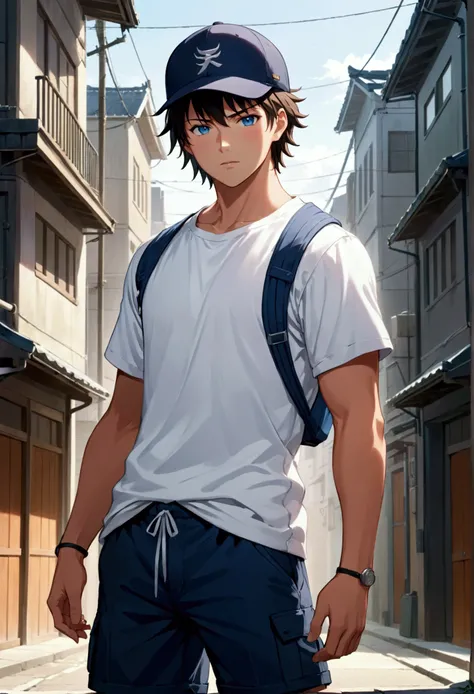 anime boy in a cap and shorts standing in a narrow alley, anime handsome man, young anime man, tall anime guy with blue eyes, anime portrait of a handsome man, male anime style, makoto shinkai style, male anime character, anime boy, handsome anime pose, an...