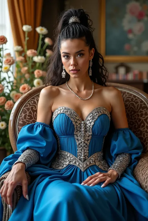 woman, ernst, Warrior,  armor , Elegant, blue dress,  aristocratic ,  Silver elements , long nails,  bare shoulders , hairstyle, Hair up,  braid and ponytail ,  messy , Arrogant, Absurd,  detailed dress , License fees, feier,  room decorated with flowers, ...