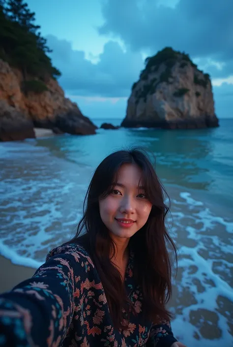  on an amazing beach ,  with a luminous rock expanse ,  rippling clear sea water with frothy edges .  dramatic cloudy night sky reflected perfectly into the sea water,  a beautiful woman  , 20 years old,  wearing pajamas in an abstract motif knit sweater ,...