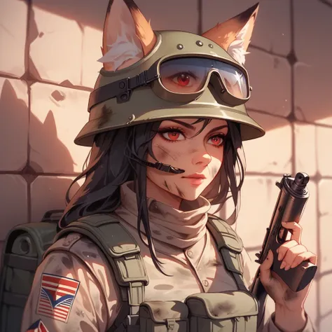 Female Soldier,  Black long hair, Fox ears, Red eyes, Dirty, Desert coloured military outfit, helmet, Military backpack, Helmet, Holding an M4 Assualt rifle, leaning again a wall in an alleyway in a desert town