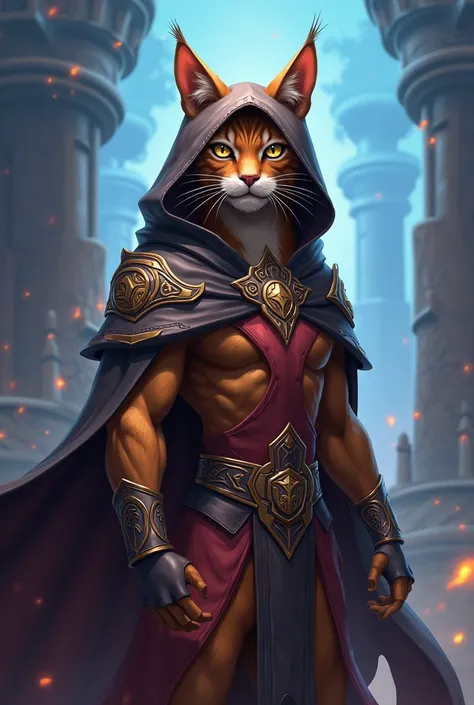 An image of a brown cat with a hood in the style of the League of Legends series.