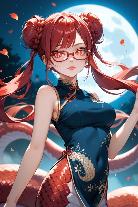 1girl,best quality,ultra detailed,((red glasses)),red hair,red eyes,slit pupil,double bun,long twintails,twin braids,Qipao,cheongsam,beautiful face,
devil eyes,glowing eyes,cold gaze,((red lamia)),monster girl,glamorous,full moon,anime,rating_safe