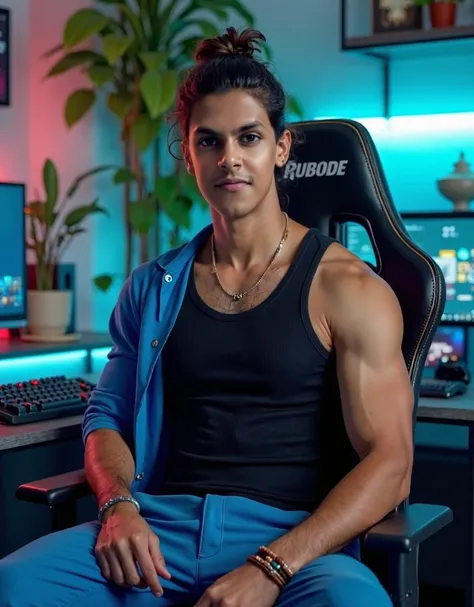 
photo from a distance to highlight his gaming room, show his complete gaming setup with gaming room with multiple gaming screens, decorated with indoor plants,, 64k, ultra realistic, ultra detailled, realism, beautiful young Indian man 25 yo, with waist l...