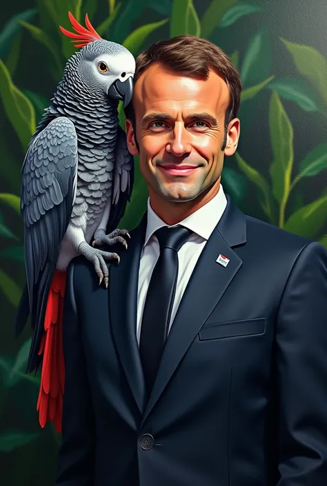 A pretty gray parrot from Gabon with President Macron on the shoulder