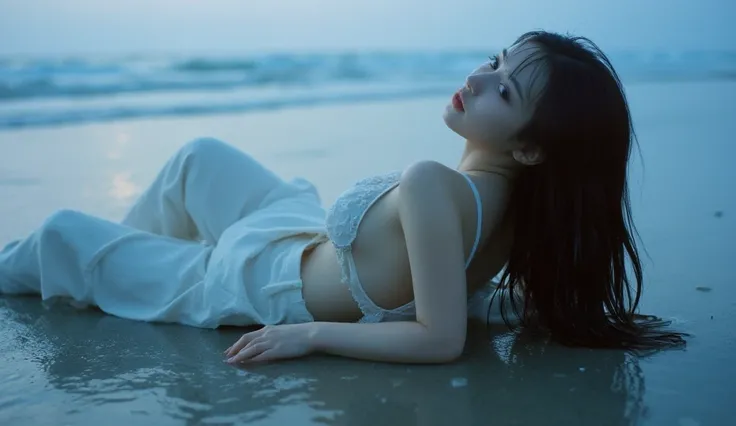 Low angle shot of beautiful so sexy Japanese woman lying on beach, white skin, long spreads hair, very wet, body drenched, very sexy woman, small breasts, white colored overalls,  She bares her back, clearly revealing a beautiful, no cloth, bare skin, no u...