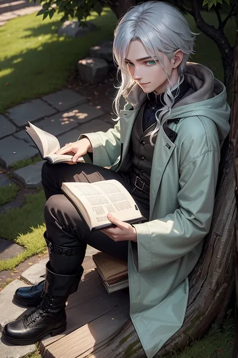  A young wizard with silver hair, water green eyes,  with a white shirt,  black pants ,  black boots and a dark trench coat , that you are sitting under a tree ,  reading a grimoire with a warm smile, And let it be animé style 